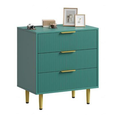 3-Drawer Storage Chest with Vertical Groove Panels and Tapered Metal Legs - Green, 28" × 16.9" × 29.9"