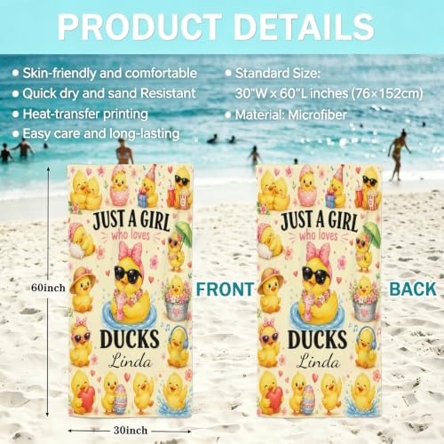 Girl Loves Ducks Beach Towel - Custom 30x60 Microfiber Personalizable Towels - Variation of Girl Loves Ducks