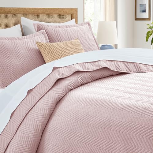 Twin Linen Quilt Set with Embossed Chevron Pattern - Baby Pink Bedspread Coverlet