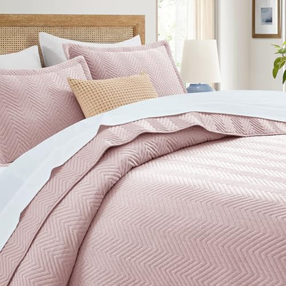 Twin Linen Quilt Set with Embossed Chevron Pattern - Baby Pink Bedspread Coverlet