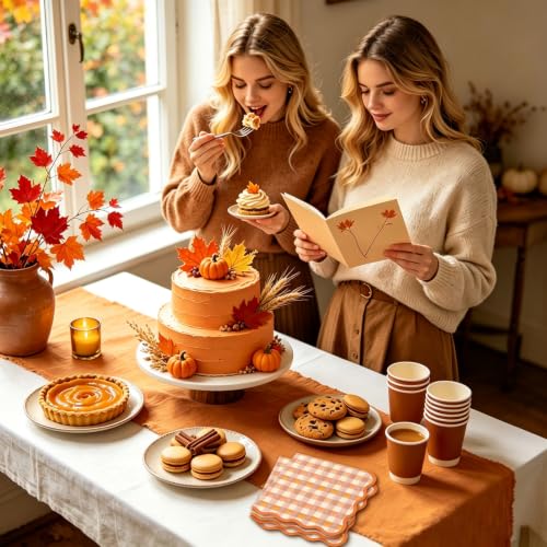 Fall Cocktail Napkins 50 Pack - Orange Brown Plaid Scalloped Edges