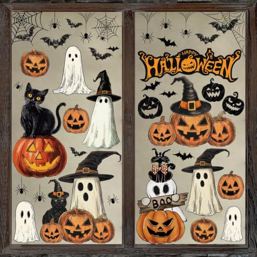 Halloween Window Clings Stickers Set - Ghost, Pumpkin, Bat & Spider Web - Style 14