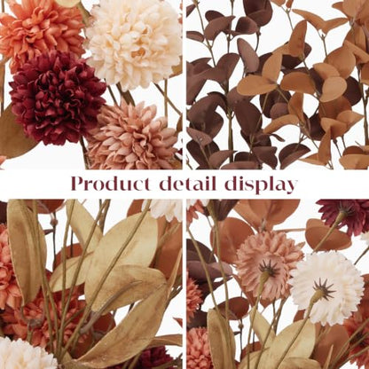Fall Flowers Artificial Bouquet - 10 Pcs Fall Mums & Eucalyptus Stems - Autumn Home Decor