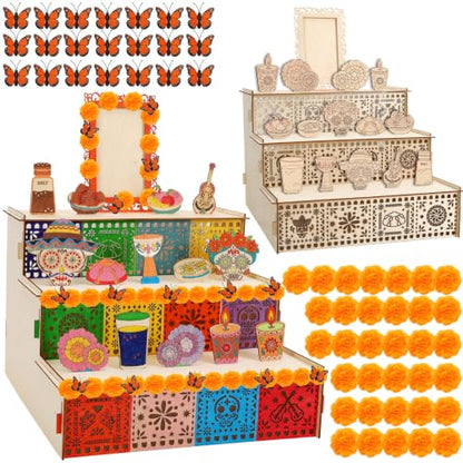 Dia de Muertos Wooden Altar Kit with Marigold Flowers and Butterflies - 3 Tiers