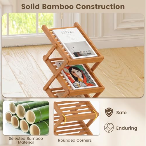 Foldable Bamboo Magazine Rack with Adjustable Height and 5 Shelves — Modern Storage Organizer