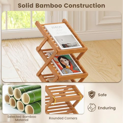 Foldable Bamboo Magazine Rack with Adjustable Height and 5 Shelves — Modern Storage Organizer