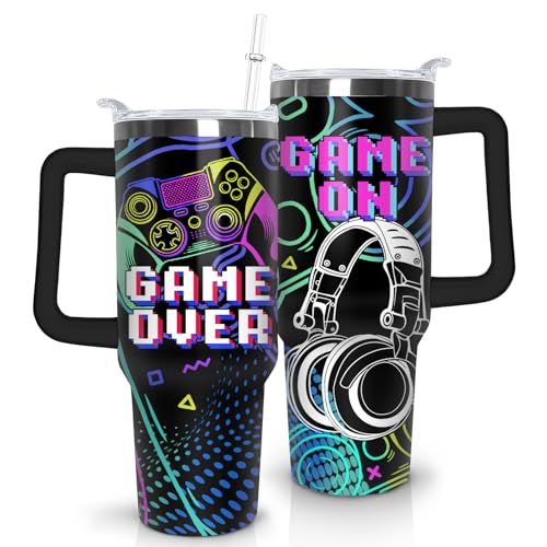 Game Tumbler with Lid and Straw 40oz - Gamer Water Bottle Cup with Handle - Gaming Travel Mug - Birthday Gift for Men Boys - Variation of THIS listing