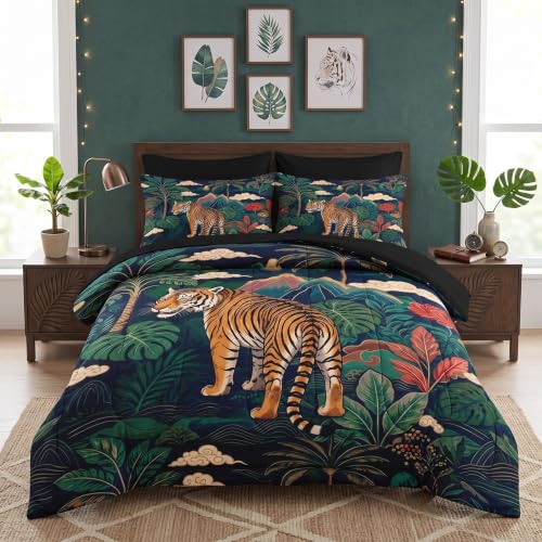 Jungle Tiger King Size Comforter Set - Tropical Bedding with Pillows & Sheets