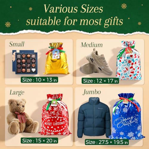 38PCS Christmas Gift Bags Set - Assorted Sizes, Reusable Holiday Packaging