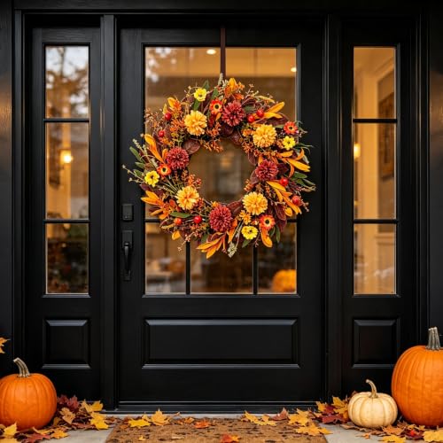 Autumn Orange Hydrangea Wreath - 22-Inch Fall Front Door Decor with Pumpkins & Berry Accents