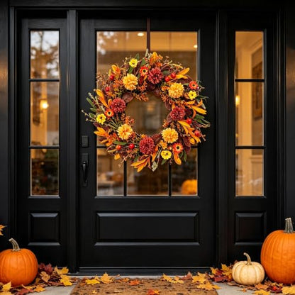 Autumn Orange Hydrangea Wreath - 22-Inch Fall Front Door Decor with Pumpkins & Berry Accents
