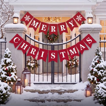 Funrous Merry Christmas Banner Red Xmas Bunting Garland Party Decorations - Red Xmas