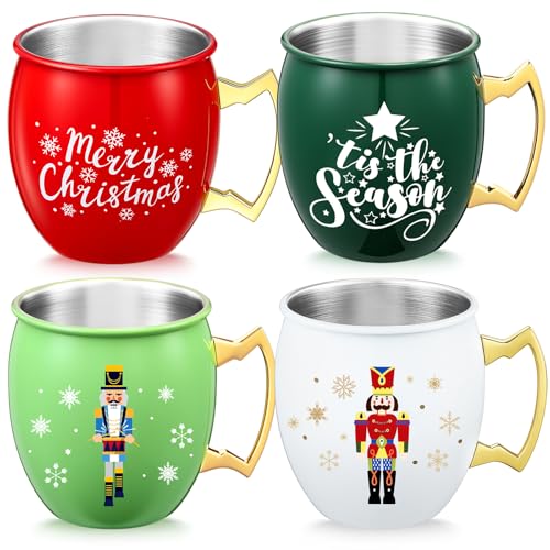 Nutcracker Christmas Mug Set - 4 Pcs 16 oz Moscow Mule Drinkware, Red White Green