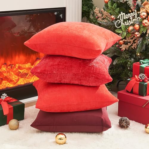 22x22 Inch Red Chenille Throw Pillow Covers Pack of 4 - Christmas Decorative Cushions