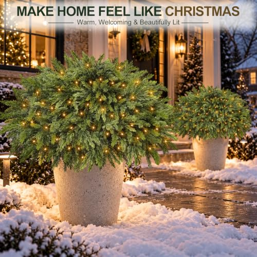 2 Pack 28-Inch Artificial Cedar Tree Urn Filler with Warm White LED Lights
