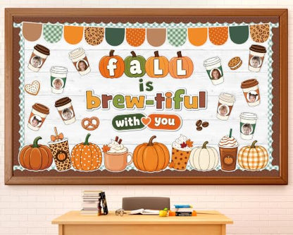Fall Bulletin Board Decor Set with Coffee Cup & Autumn Cutouts for Classroom