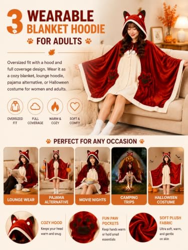 Halloween Wearable Blanket Hoodie - Plush Fox Cosplay, One Size