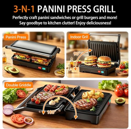 Black 3-in-1 Electric Panini Press Grill with Non-Stick Plates & Drip Tray