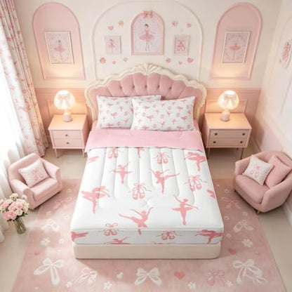 Pink White Ballet Zipper Bedding Set Twin Size Kids Comforter with Pillowcases