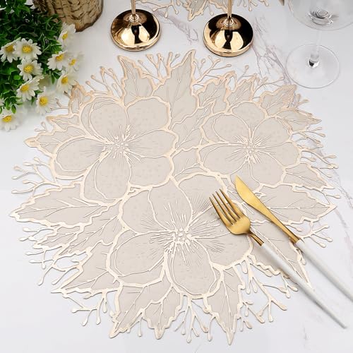 Gold Placemats Set of 6 - Pressed Plum Flower Design, 15.7 Inch