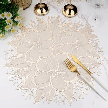 Gold Placemats Set of 6 - Pressed Plum Flower Design, 15.7 Inch