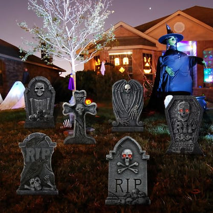 Halloween Graveyard Tombstone Decorations Set of 6 with Stakes - 17 Inch Outdoor Yard Signs for Halloween Party & Lawn Decor