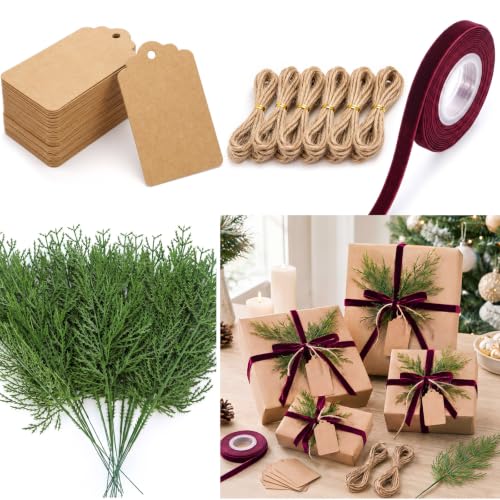 Holiday Gift Packaging Set with Pine Picks Ribbon Tags - Wine Red
