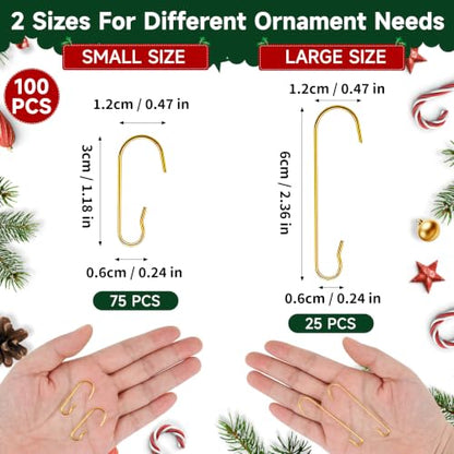 Gold Ornament Hooks Set 100pcs for Christmas Trees - Small & Large Size with Storage Box