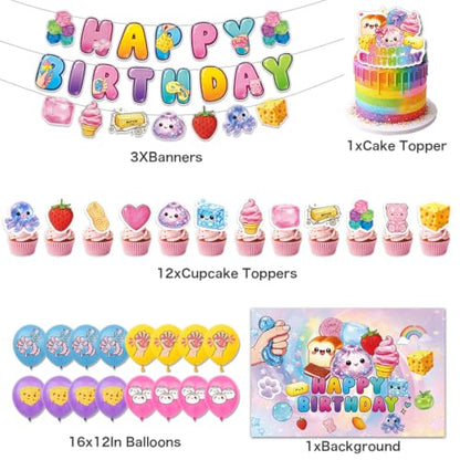 Squishy Birthday Party Decorations Set with Backdrop, Banners, Balloons, Cake & Cupcake Toppers – 33 Pieces