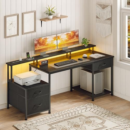 55 Inch Computer Desk with File Drawer and RGB LED Lights - Dark Black