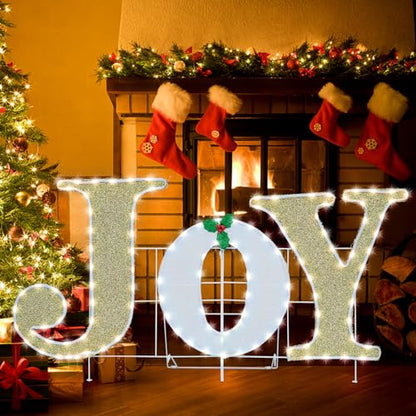 Lighted Christmas Joy Sign Decoration 3.8FT x 2FT Gold & White with Holly - LED Holiday Indoor Outdoor Decor