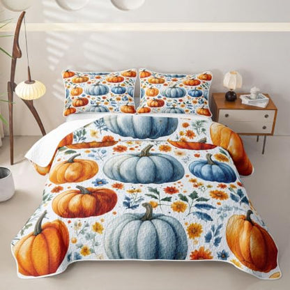 Pumpkin Thanksgiving Quilted Bedspread Set - Blue Yellow Green Full Size