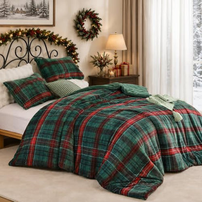 King Comforter Set Green Plaid Flannel 3 Pieces - Christmas Bedding