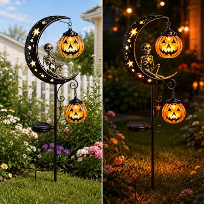 Halloween Solar Black Cat & Pumpkin Garden Stake Light, Outdoor Yard Decor