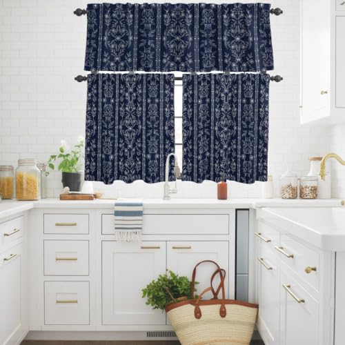 Navy Blue Floral Kitchen Curtains Set Valance & Tier 3 Pieces 54x18+27x24 Variation