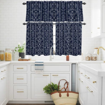 Navy Blue Floral Kitchen Curtains Set Valance & Tier 3 Pieces 54x18+27x24 Variation