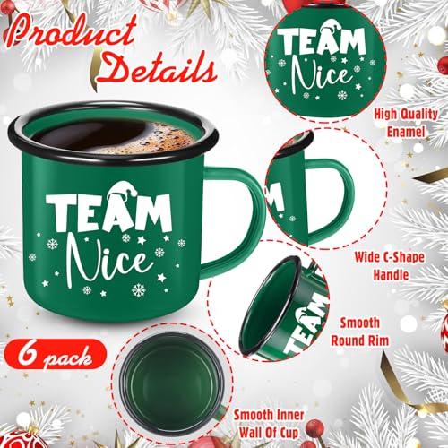 Christmas Enamel Mug Set of 6 with Red and Green Holiday Coffee Cups - 12oz