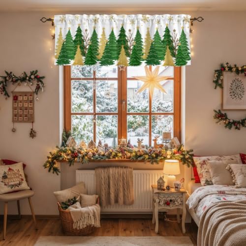 Christmas Tree Kitchen Curtains Valance and Tier Set - Green White Snowflakes, Stars, Gold Tree & Variation of THIS Listing