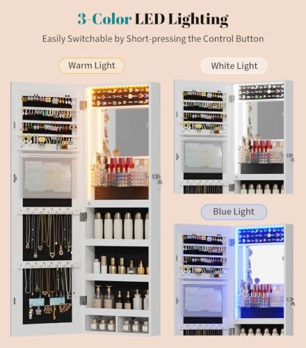 Vlsrka LED Mirror Jewelry Cabinet Over Door Wall Mount 42.5" White