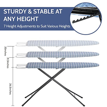 Foldable Ironing Board Full Size 43x13, 7-Level Height Adjustment - Blue