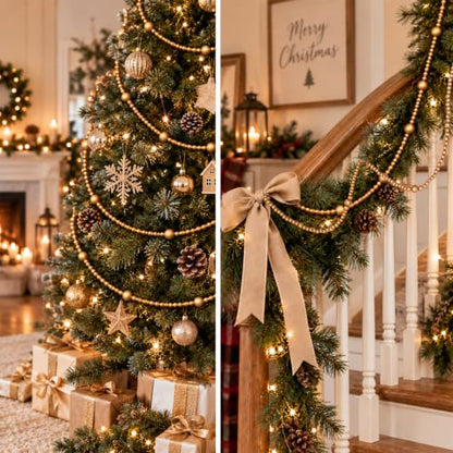 Gold Christmas Wood Bead Garland 12 FT Farmhouse Boho Tree Decor - Gold-12ft