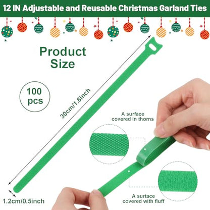 100PCS Christmas Garland Ties - Adjustable Nylon Hook & Loop Straps for Holiday Decorations