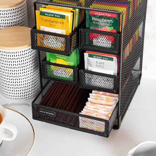 Mind Reader Tea Bag Organizer, Tea Station Organizer, Countertop Storage, Kitchen, Metal Mesh, 7" L x 6.75" W x 10" H, Black