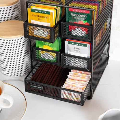 Mind Reader Tea Bag Organizer, Tea Station Organizer, Countertop Storage, Kitchen, Metal Mesh, 7" L x 6.75" W x 10" H, Black