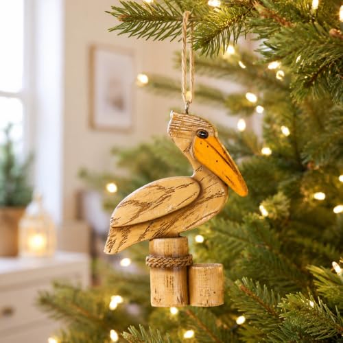 Weathered Wooden Pelican Ornament for Coastal Holiday Decor
