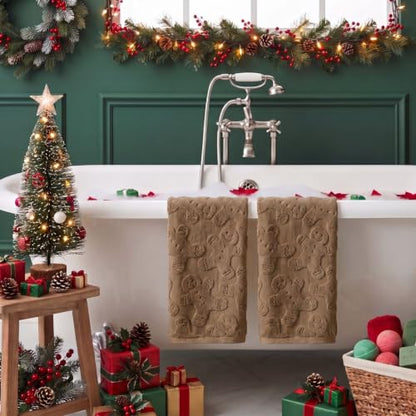 Artoid Mode 3 Pcs Brown 3D Gingerbread Man Jacquard Hand Towels - Christmas Bathroom Decor, 13.7 x 29.5 Inches