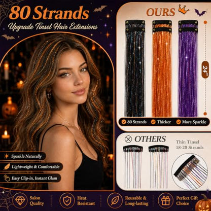 Halloween Black+Orange Colorful Fairy Hair Tinsel Kit Clip-In Hair Extensions