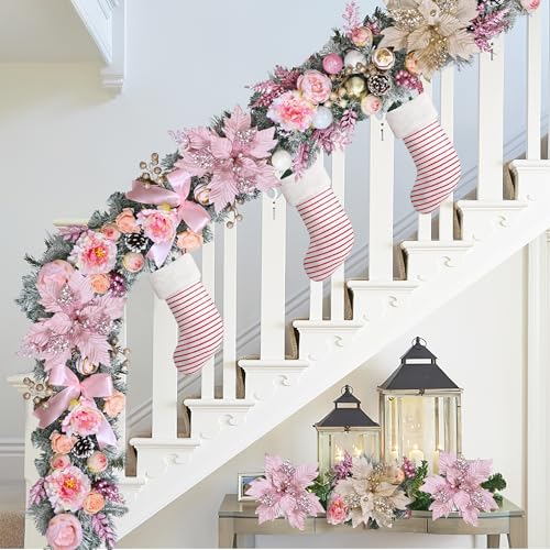 Pink 9FT Christmas Garland with Lights, Flocked Rose Gold Decor, Berries & Pinecones