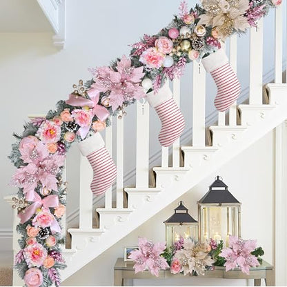 Pink 9FT Christmas Garland with Lights, Flocked Rose Gold Decor, Berries & Pinecones