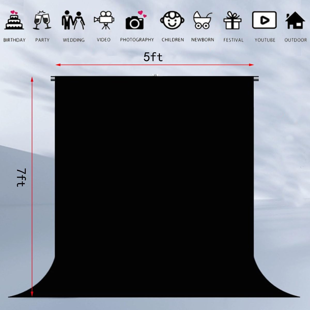 Skiennix Black Backdrop Fabric - Perfect for Portraits & Video Shoots | 5x7ft Size